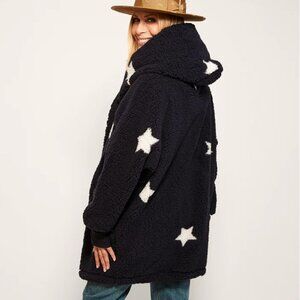 Navy Stars Hooded Sherpa Button Front Lounger Jacket by Jill Martin Size: M/L